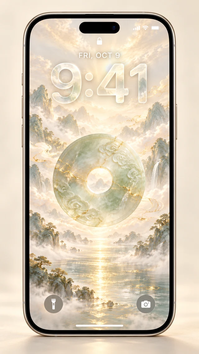 An iPhone lock screen preview of a pale jade bi disc above golden rivers and misty Chinese mountains