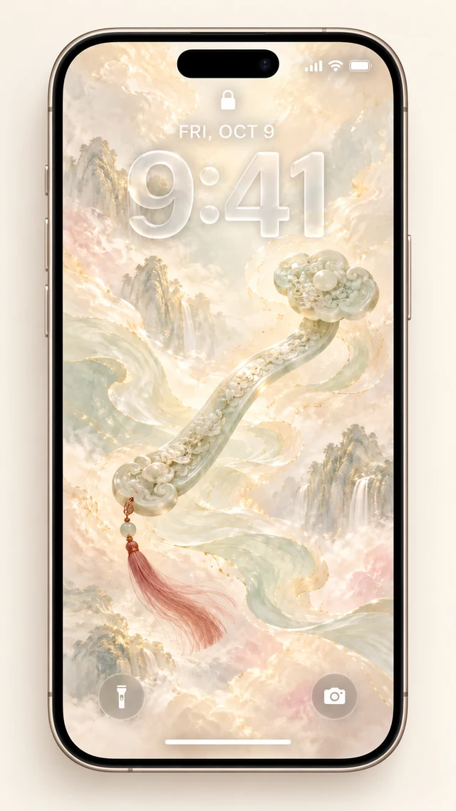 An iPhone lock screen preview of a carved jade ruyi sceptre with a pink tassel floating among golden clouds