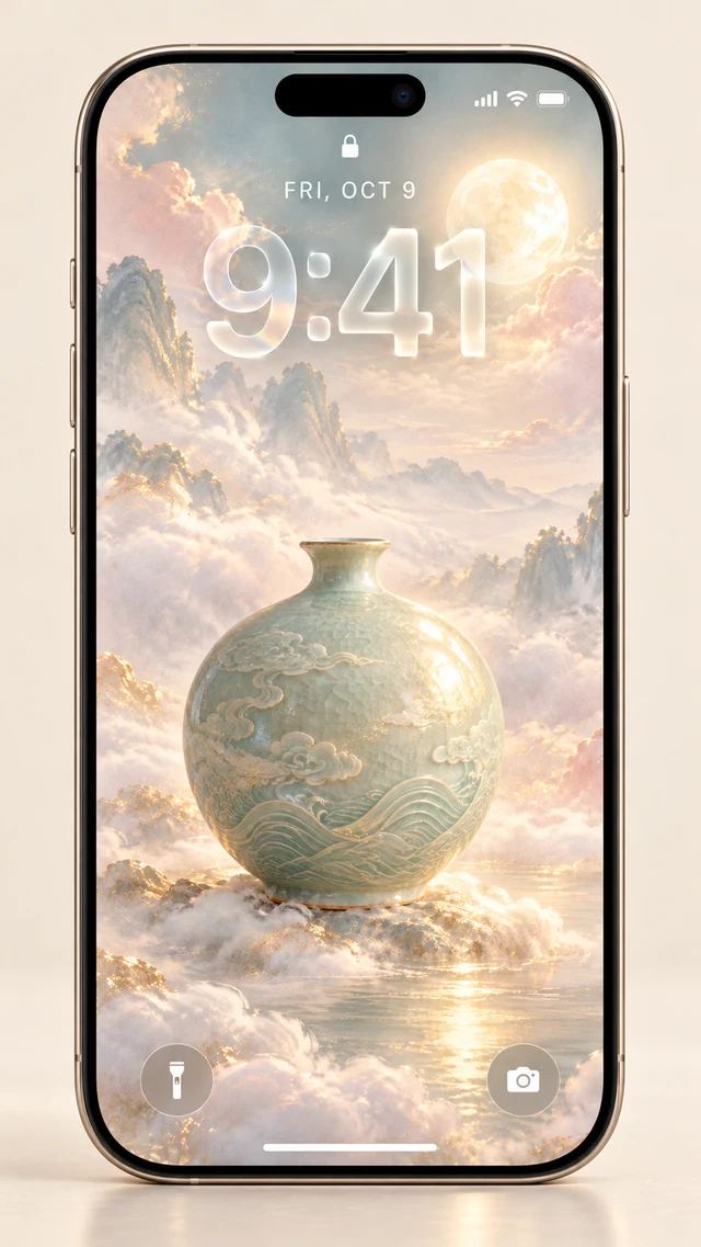 An iPhone lock screen preview of a celadon vase beneath the moon, surrounded by pastel clouds and mountains