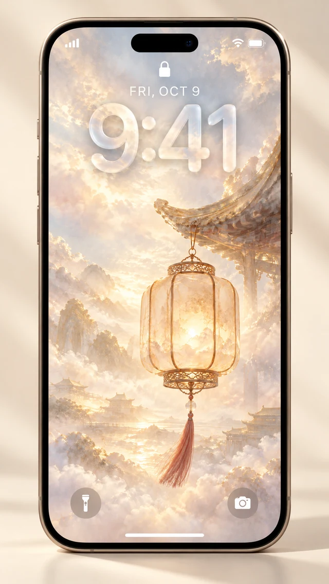 An iPhone lock screen preview of a glowing glass palace lantern and pink tassel above cloud-covered Chinese palaces