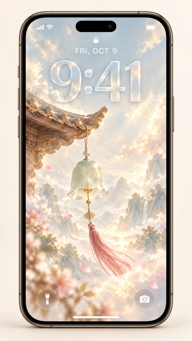 An iPhone lock screen preview of a pale green wind bell and pink tassel beneath a gilded roof among luminous mountains